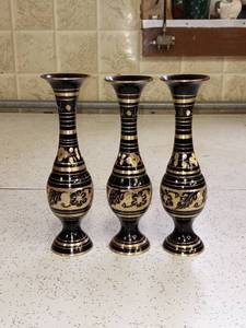 lot 4003 image: Lot Of 3 Old School Etched Black Brass Vases
