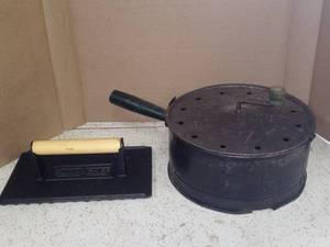 lot 4033 image: Lot Of 2 Vintage Camp Cookware Cast Iron Press And E-Z Corn Popper