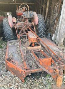 lot 9651 image: Tractor and Brushhog-Classic 1950s Allis Chalmers WD narrow front end tractor