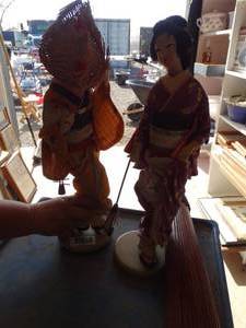 lot 1939 image: 2 Asian Women in Traditional Dress and Decorative Umbrella