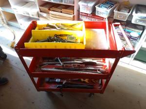 lot 1996 image: Rolling Red Metal Tool  Parts Cart