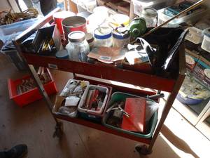 lot 29893 image: Red and Stainless Rolling Parts Cart wo Contents