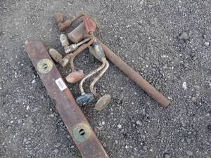 lot 29962 image: Old Hand Tools  Level and Hand Drills