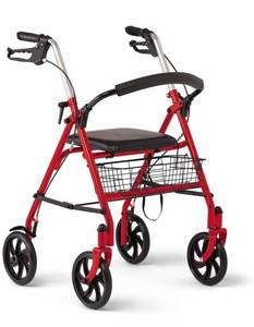 lot 7682 image: Medline Steel Rollator Walker with 8 Inch Wheels, Folding Rolling Walker, Adjustable Arms, Supports 300 lbs, Red