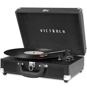 lot 7701 image: Victrola Vintage 3-Speed Bluetooth Portable Suitcase Record Player with Built-in Speakers  Upgraded Turntable Audio Sound Includes Extra Stylus  Black, Model Number VSC-550BT