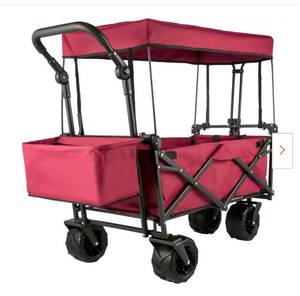 lot 7749 image: VEVOR 3 cu.ft. Collapsible Wagon Cart Over-sized Wheels Portable Folding Steel Garden Cart with Adjustable Handles, Red