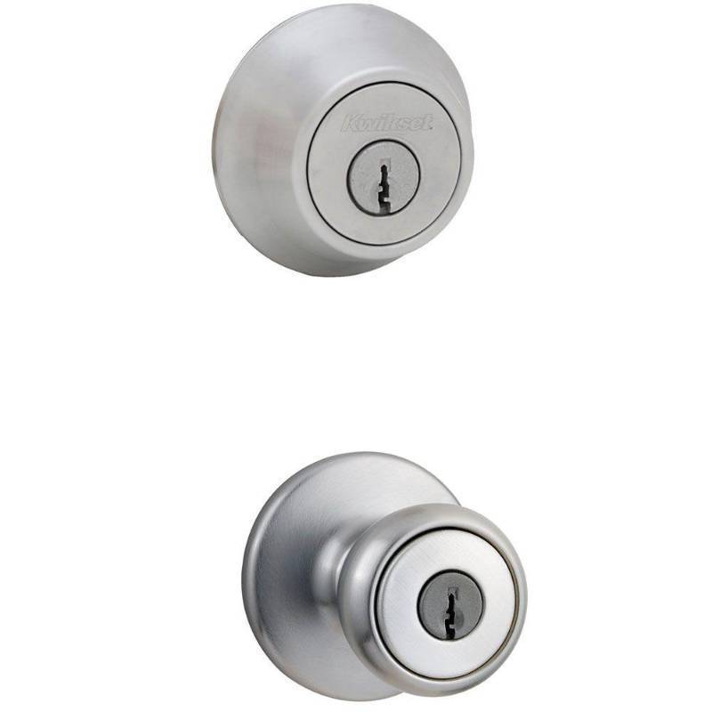 lot 30222 image: Kwikset 96950-162 Satin Chrome Entry Knob with Double Cylinder Deadbolt Pack