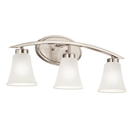 lot 30280 image: Portfolio Lyndsay 3-Light 9.25-in Brushed Nickel Bell Vanity Light Bar