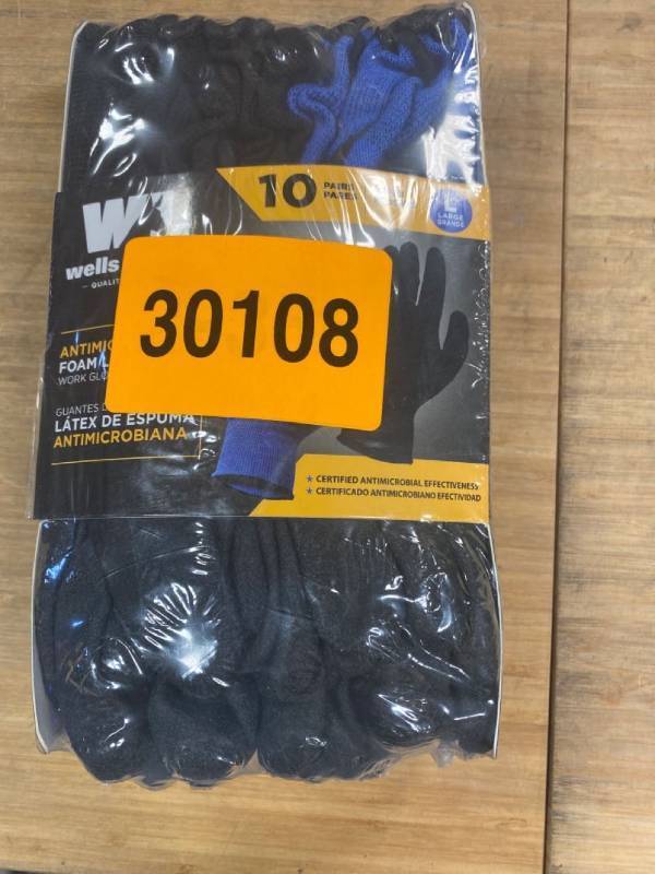 lot 30108 image: Wells Lamont 10 Pairs Foam Latex Work Gloves, Blue, Black, LARGE