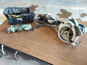 lot 6201 image: Dewalt grinder (Missing Nut), buffer and circular saw (missing bolt to hold blade)