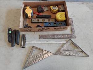 lot 6228 image: assorted tools - squares, tape measures and levels