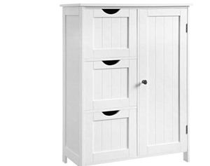 lot 7744 image: IWELL Bathroom Floor Cabinet, Wooden Storage Sideboard with 1 Cupboard & 3 Drawer, Freestanding Entryway Medical Cabinet, Furniture Home Decor (white)