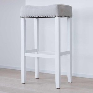lot 7759 image: Nathan James Hylie Nailhead Wood Pub-Height Counter Bar Stool 29in Gray Fabric Cushion White Finish