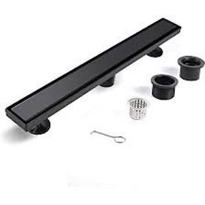lot 7786 image: 24-Inch Linear Shower Drain, with 2-in-1 Flat & Tile, Insert Cover Black