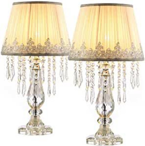 lot 7840 image: SILJOY Set of 2 Bedside Crystal Table Lamp White Farmhouse Nightstand Lamp with Ruched Fabric Lampshade Modern Raindrop K9 Crystal Desk Lamp for Bedroom Living Room Dimmable W 12.8 X H 22.8