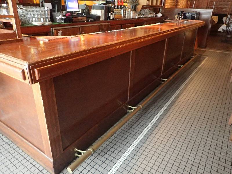 lot 2660 image: Solid Oak Finished Bar Front Counter w Brass Foot Bar