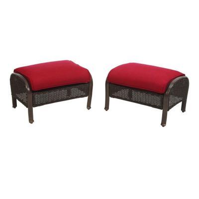 lot 1392 image: Martha Stewart Living Cedar Island All-Weather Wicker Patio Ottomans with Chili Cushions (2-Pack)