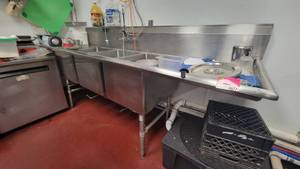 lot 4677 image: Stainless Steel Three Compartment Sink W Two Drainboards