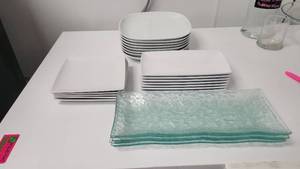 lot 4688 image: Assorted Dishes - White Ikea Dinner Plates, Green Glass Appetizer Trays and More