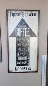 lot 4754 image: White Four Hook Coat Rack, Coffee Themed Home Decor, and More
