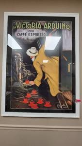 lot 4764 image: Signed Framed Vintage Poster La Victoria Arduino Per Caffe Espresso by Leonetto Cappiello &amp 2ft Tall Vintage Lamp&nbsp