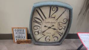 lot 4769 image: Large Blue Cafe Dela Gare Clock, and (2) Coffee Themed Wall Decor Signs&nbsp