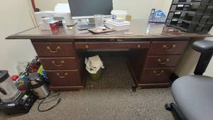 lot 4784 image: Wooden Desk W Glass Top - Includes a Phone &amp a Paper Organizing Tray