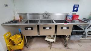 lot 27129 image: Stainless Steel Three Compartment Sink W Two Drainboards