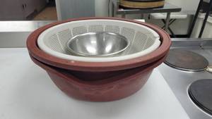 lot 27156 image: (2) Red 18in Bowls, Small Vollrath Mixing Bowl, Magnetic Strip To Hold Knives and More