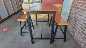 lot 27210 image: Wide 2-Top Wooden Bar Height Table W (2) Stools