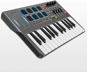 lot 2518 image: Donner DMK 25 MIDI Keyboard Controller Music Mini Key With 8 Backlit Drum Pads, 4 Knobs 4 control faders MIDI Controller BLACK