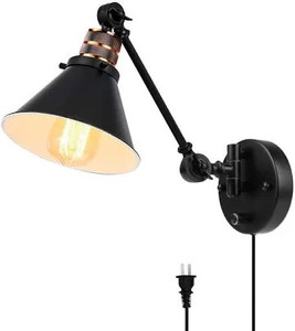 lot 2519 image: Plug in Wall Sconces , PARTPHONER Swing Arm Wall Lamp with Dimmable On Off Switch, Metal Black Vintage Industrial Wall Mounted Lighting Reading Light Fixture for Bedside Bedroom Indoor Doorway