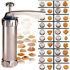 lot 2559 image: Cookie Press Maker Kit for DIY Biscuit Maker and Decoration with 8 Stainless Steel Cookie discs and 8 nozzles (Stainless Steel)