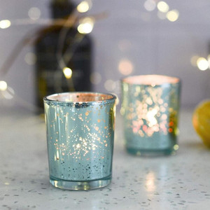 lot 2568 image: Blue Votive Candle Holders, Mercury Glass Tealight Candle Holder Set of 48, Perfect Centerpieces for Wedding, Party, Home Decor (Blue)