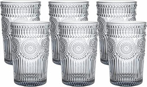 lot 2571 image: Kingrol 6 Pack 12 oz Vintage Drinking Glasses, Embossed Romantic Water Glassware, Glass Tumbler Set for Juice, Beverages, Beer, Cocktail (Gray)