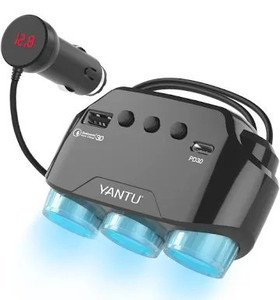 lot 2581 image: YANTU QC3.0 Cigarette Lighter Adapter, 120W 12V24V 3-Socket Cigarette Lighter Splitter DC Outlet with 3 USB Ports Type-C Multifunction Car Charger, LED Display Voltage, Separate On-Off Switch