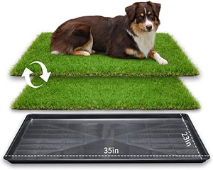 lot 2605 image: LOOBANI 35in x 23in Extra Large Grass Porch Potty Tray, 2-Packs Replacement Artificial Fake Grass Puppy Training Pads- Portable Dog Patio Potty for BalconyApartment Use (Pet Tray, 35 x 23)
