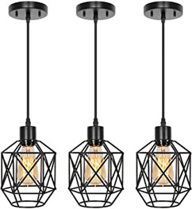 lot 2608 image: Seaside Village Industrial Pendant Lighting 3 Pack, Adjustable Hanging Light Fixtures with Geometric Metal Shade and Black Finish, Farmhouse Pendant Light with E26 Base for Kitchen Island, Living Room, Bar, Hallway