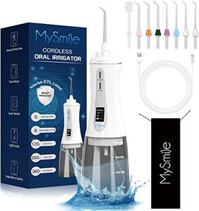 lot 2634 image: MySmile Powerful Cordless 5 Modes Water Dental Flosser Portable OLED Display Oral Irrigator with 8 Replaceable Jet Tips and 350 ML Detachable Water Tank for Home Travel Use (White)