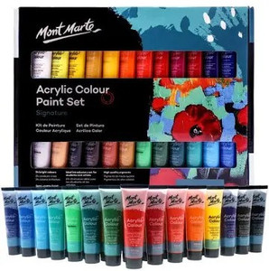 lot 2637 image: Mont Marte Acrylic Paint Set 24 Colours 36ml, Perfect for Canvas, Wood, Fabric, Leather, Cardboard, Paper, MDF and Crafts