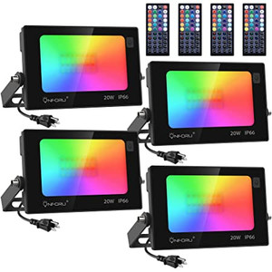 lot 2642 image: Onforu 4 Pack RGB LED Flood Light 160W Equivalent, DIY Color Changing Stage Lights with Remote, IP66 Indoor Outdoor Floor Strobe Light, Uplights for Events, Uplighting Party, Wall Wash, Landscape