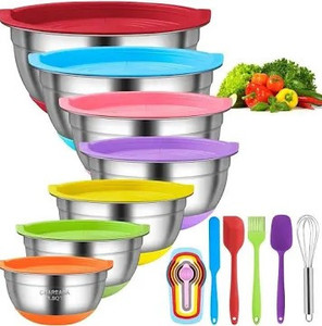 lot 2648 image: Mixing Bowls with Airtight Lids, 18pcs Stainless Steel Nesting Colorful Mixing Bowls Set �C Non-slip Silicone Bottom, Size 7, 5.5, 4, 3.5, 2.5, 2, 1.5 qt, Fit for Mixing & Serving