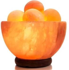 lot 2656 image: UMAID Natural Himalayan Rock Sea Salt Lamp Bowl with 6 Heated Salt Massage Balls, Stylish Wood Base, Bulb with Dimmable Switch UL-Listed Cord