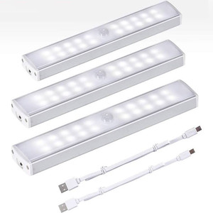 lot 2699 image: 3 Pack Motion Sensor Lights, Magnetic Motion Activated Led Light Strip, 20-LED USB Closet Light , Wireless Rechargeable Stick on Lights for Under-Counter, Kitchen, Wardrobe, Stairs