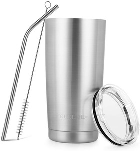 lot 2701 image: Stainless Steel Tumbler 20oz - Vacuum Insulated Tumbler Coffee Cup Double Wall Large Travel Mug with Lid, Straw, Brush (Silver, 20oz-8 Pack)