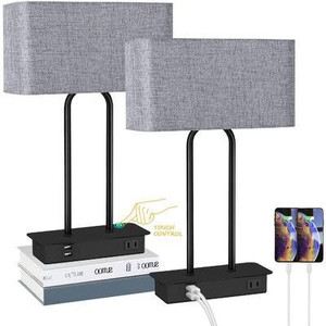 lot 2743 image: Set Of 2 Touch Control 3-Way Dimmable Table Lamp With 2 USB Ports &1 AC Outlet, Modern Bedside Nightstand Lamps With Fabric Shade, Desk Lamps For Bedroom Living Room Grey (Set of 2)