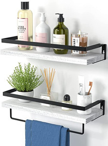 lot 2768 image: AMADA HOMEFURNISHING Wall Shelves, Floating Shelves for Bathroom, Kitchen, Bedroom, Bathroom Shelf with Towel Bar, Set of 2 White-AMFS01W
