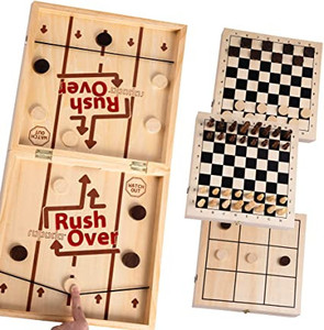 lot 2775 image: ROPODA Fast Sling Puck Game, 4 in 1 Portable Wooden Board Games Set for Adults and Kids, Chess, Checkers and Tic Tac Toe, Foldable Tabletop Wooden Hockey Game - Large Size