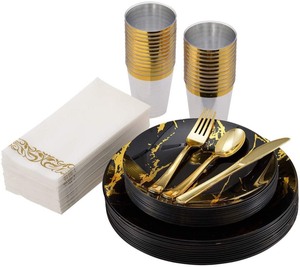 lot 2786 image: VPLUS 175PCS Gold Marbling Plastic Dinnerware, Halloween Disposable Dinnerware Sets, Include 25 Dinner Plates,25 Dessert Plates,25 Forks,25 Knives,25 Spoons,25 Cups,25 Napkins (BlackGold)