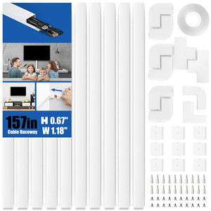 lot 2799 image: Cord Cover Raceway Kit, 157in Cable Cover Channel, Paintable Cord Concealer System Cable Hider, Cord Wires, Hiding Wall Mount TV Powers Cords in Home Office, 10X L15.7in X W1.18in X 0.6in, White